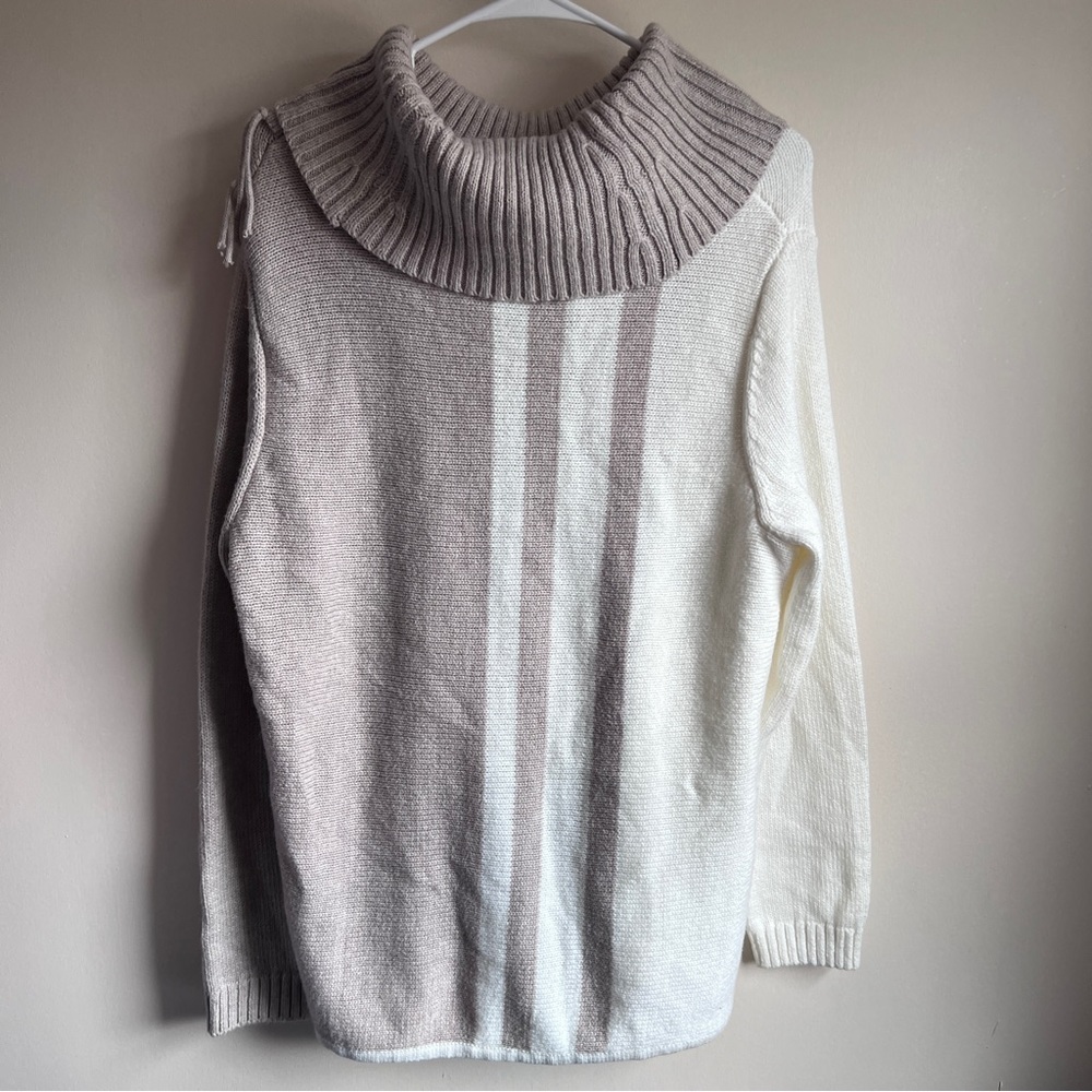 Chicos Tan Cream Colorblock Fringe Cowlneck Pullover Sweater - Picture 3 of 6
